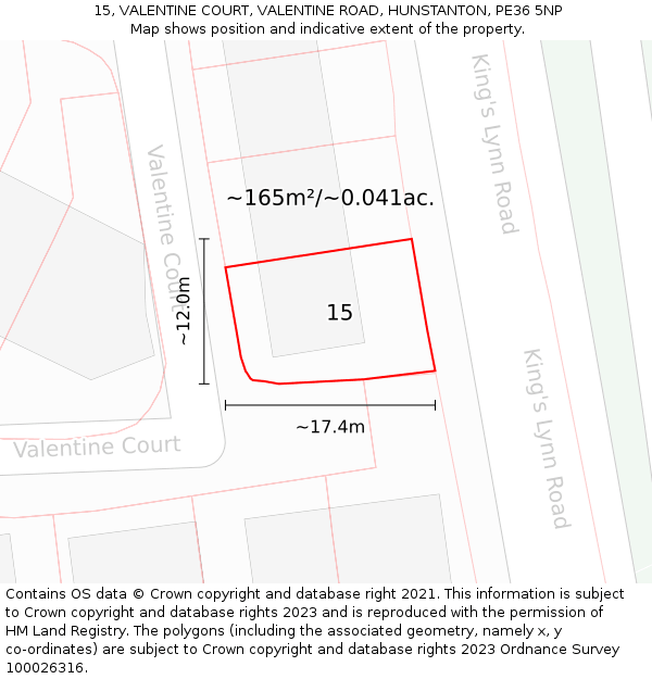 15, VALENTINE COURT, VALENTINE ROAD, HUNSTANTON, PE36 5NP: Plot and title map