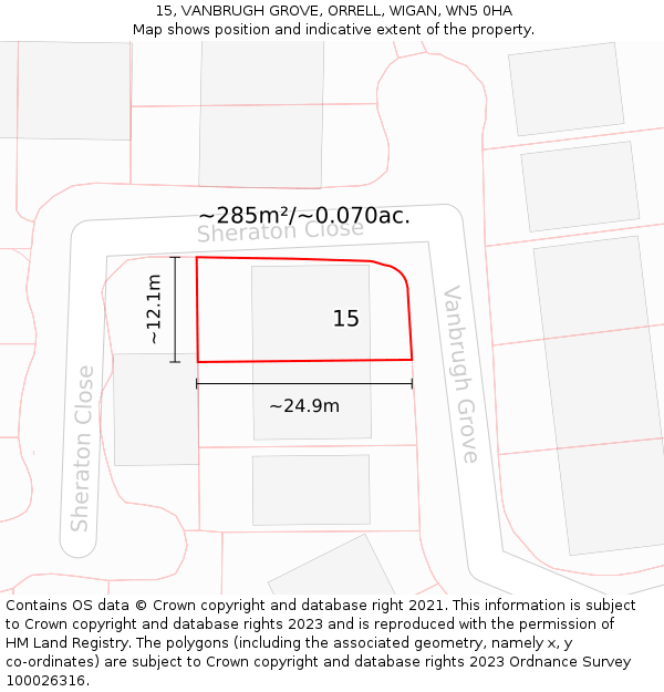 15, VANBRUGH GROVE, ORRELL, WIGAN, WN5 0HA: Plot and title map