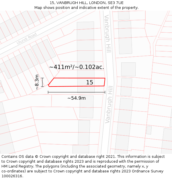 15, VANBRUGH HILL, LONDON, SE3 7UE: Plot and title map