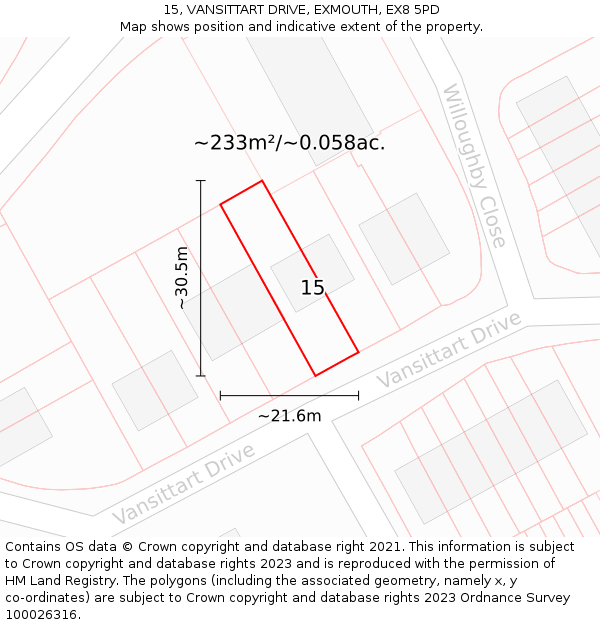 15, VANSITTART DRIVE, EXMOUTH, EX8 5PD: Plot and title map