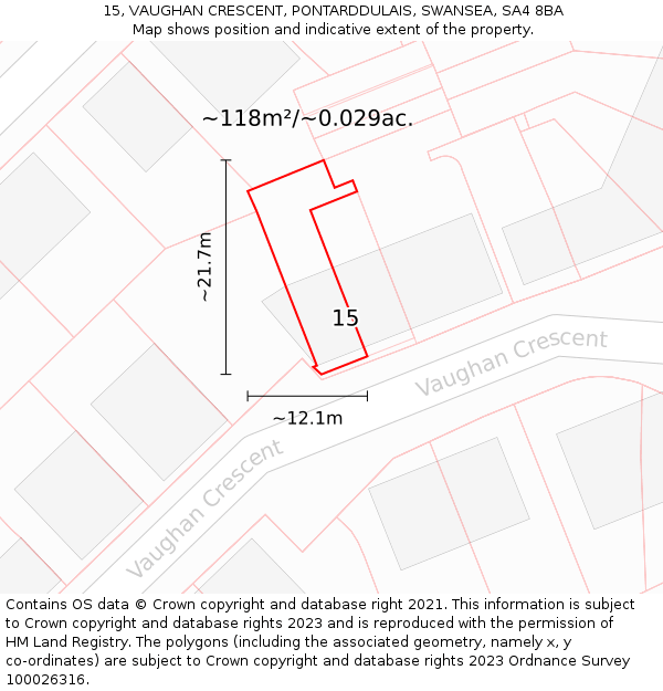 15, VAUGHAN CRESCENT, PONTARDDULAIS, SWANSEA, SA4 8BA: Plot and title map