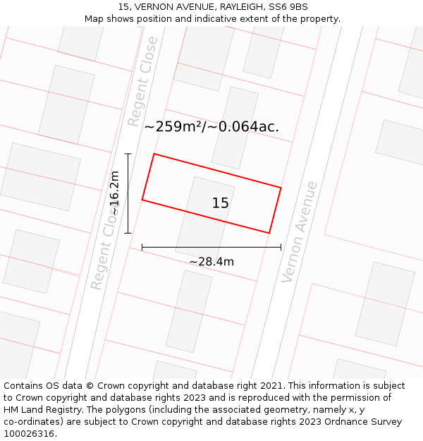 15, VERNON AVENUE, RAYLEIGH, SS6 9BS: Plot and title map