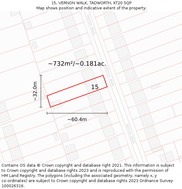 15, VERNON WALK, TADWORTH, KT20 5QP: Plot and title map