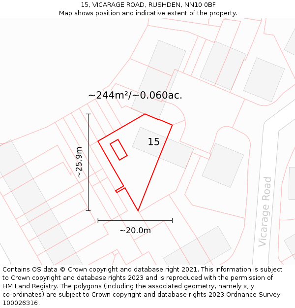 15, VICARAGE ROAD, RUSHDEN, NN10 0BF: Plot and title map