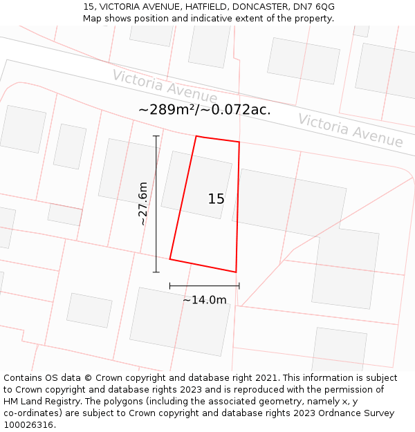15, VICTORIA AVENUE, HATFIELD, DONCASTER, DN7 6QG: Plot and title map