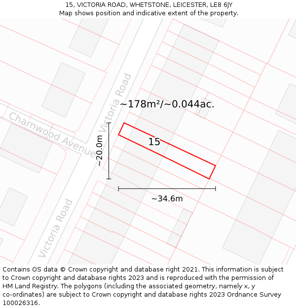 15, VICTORIA ROAD, WHETSTONE, LEICESTER, LE8 6JY: Plot and title map