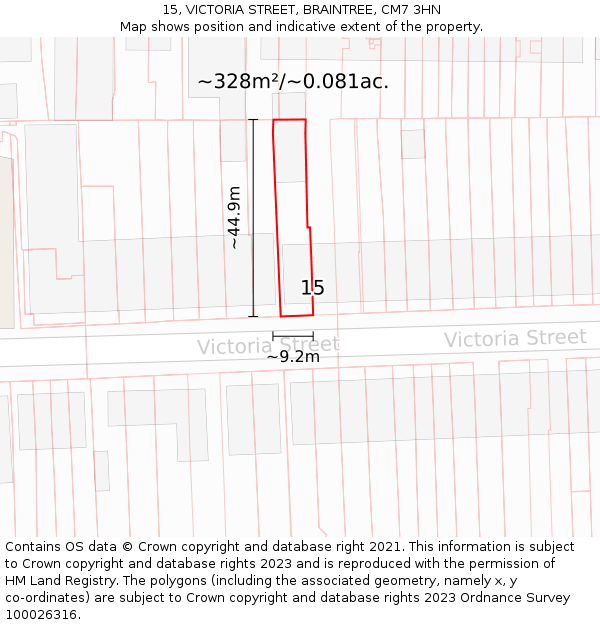 15, VICTORIA STREET, BRAINTREE, CM7 3HN: Plot and title map