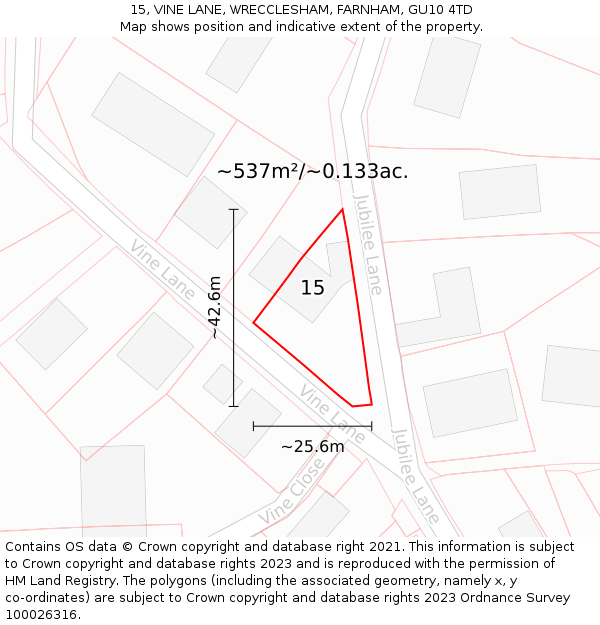 15, VINE LANE, WRECCLESHAM, FARNHAM, GU10 4TD: Plot and title map