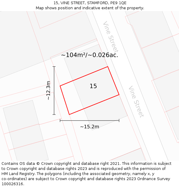 15, VINE STREET, STAMFORD, PE9 1QE: Plot and title map