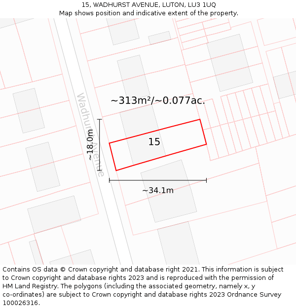 15, WADHURST AVENUE, LUTON, LU3 1UQ: Plot and title map