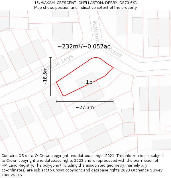 15, WAKAMI CRESCENT, CHELLASTON, DERBY, DE73 6XN: Plot and title map
