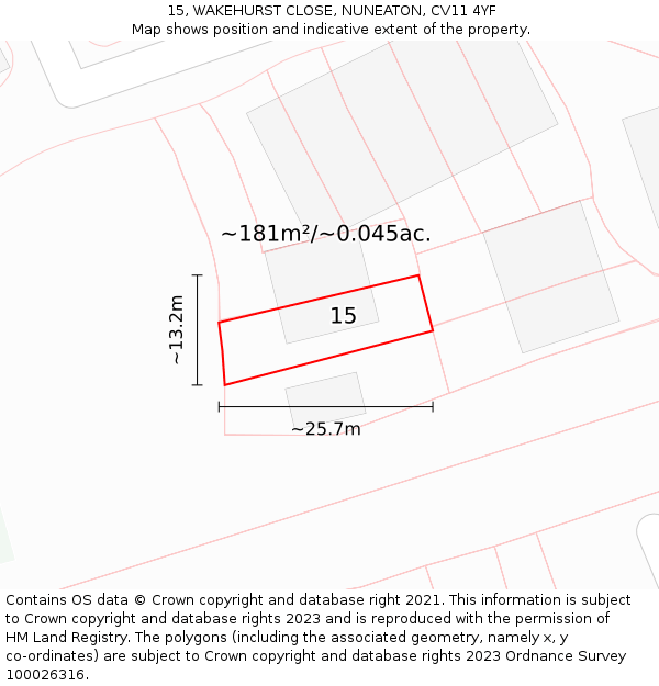 15, WAKEHURST CLOSE, NUNEATON, CV11 4YF: Plot and title map