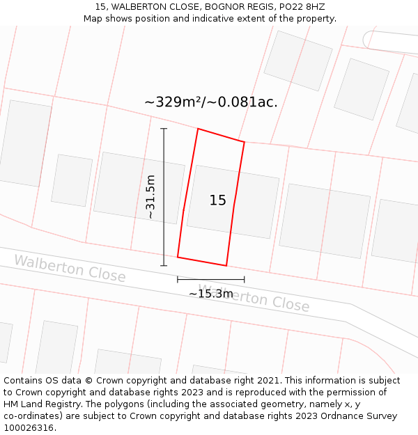 15, WALBERTON CLOSE, BOGNOR REGIS, PO22 8HZ: Plot and title map