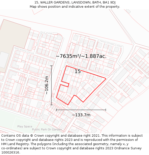 15, WALLER GARDENS, LANSDOWN, BATH, BA1 9DJ: Plot and title map