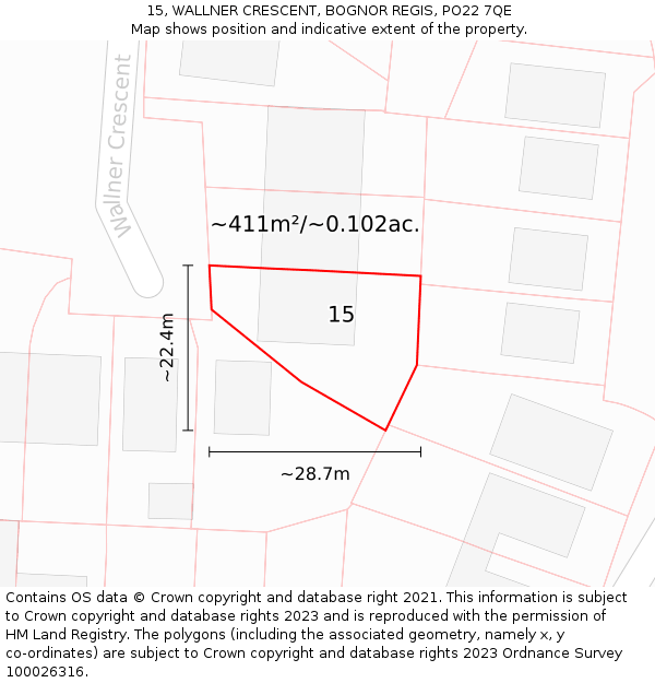15, WALLNER CRESCENT, BOGNOR REGIS, PO22 7QE: Plot and title map