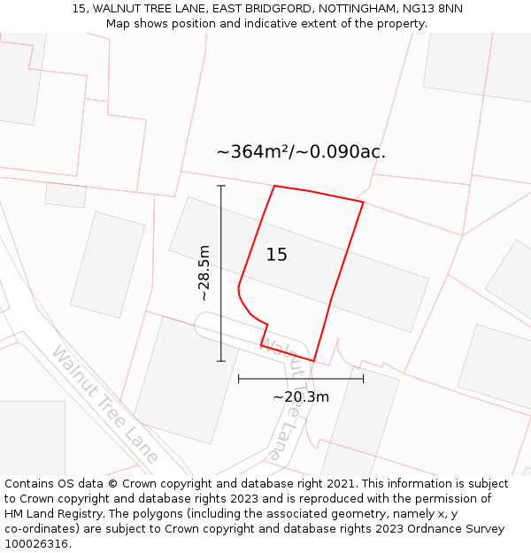 15, WALNUT TREE LANE, EAST BRIDGFORD, NOTTINGHAM, NG13 8NN: Plot and title map