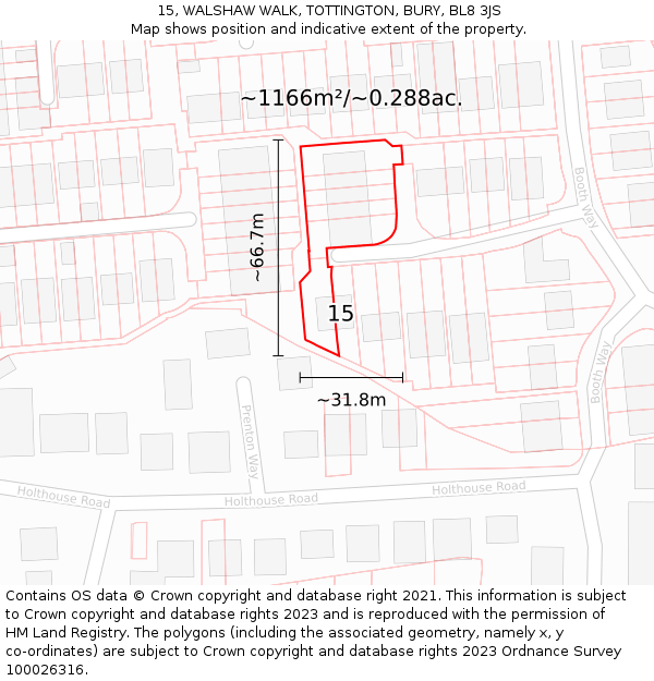 15, WALSHAW WALK, TOTTINGTON, BURY, BL8 3JS: Plot and title map