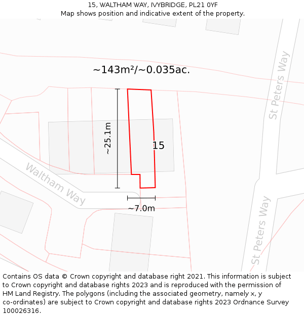 15, WALTHAM WAY, IVYBRIDGE, PL21 0YF: Plot and title map