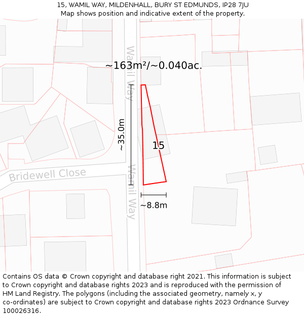 15, WAMIL WAY, MILDENHALL, BURY ST EDMUNDS, IP28 7JU: Plot and title map