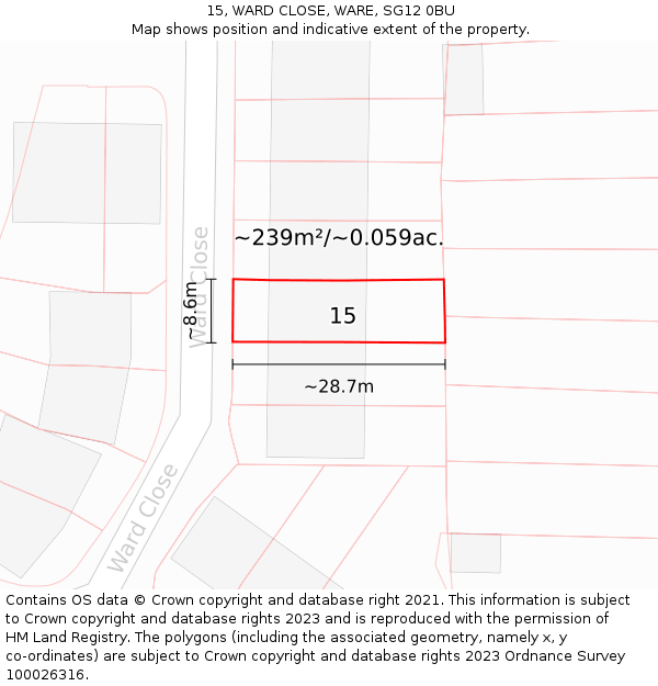 15, WARD CLOSE, WARE, SG12 0BU: Plot and title map