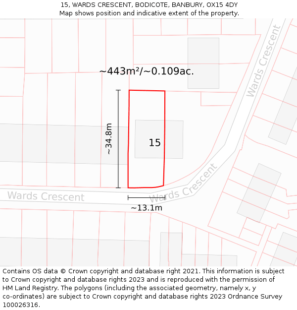15, WARDS CRESCENT, BODICOTE, BANBURY, OX15 4DY: Plot and title map