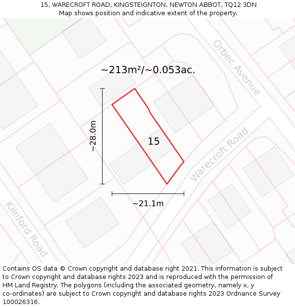15, WARECROFT ROAD, KINGSTEIGNTON, NEWTON ABBOT, TQ12 3DN: Plot and title map