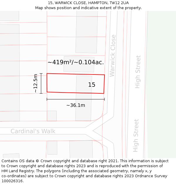 15, WARWICK CLOSE, HAMPTON, TW12 2UA: Plot and title map
