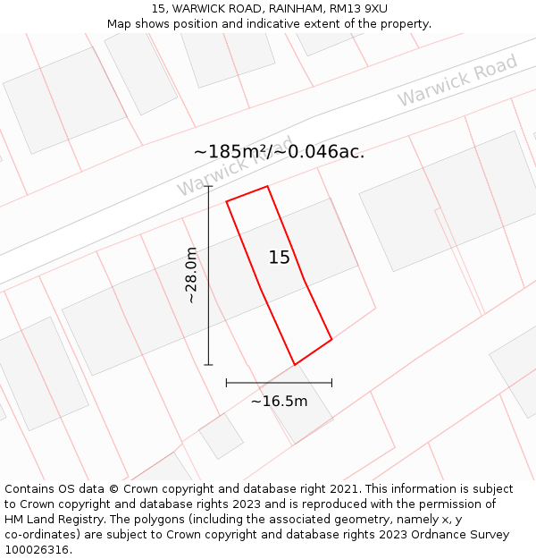 15, WARWICK ROAD, RAINHAM, RM13 9XU: Plot and title map
