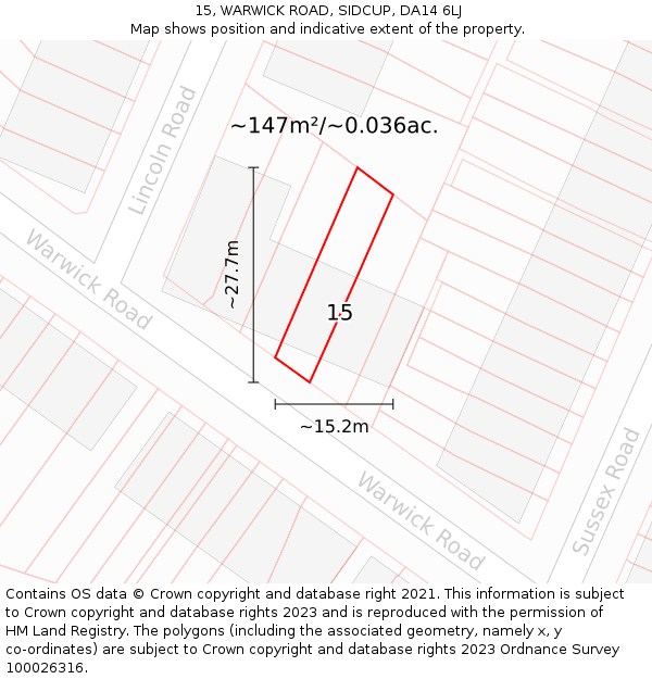 15, WARWICK ROAD, SIDCUP, DA14 6LJ: Plot and title map