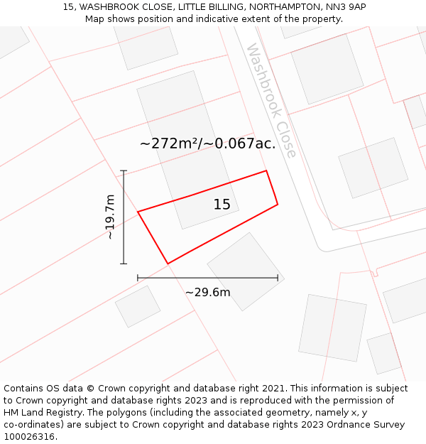 15, WASHBROOK CLOSE, LITTLE BILLING, NORTHAMPTON, NN3 9AP: Plot and title map