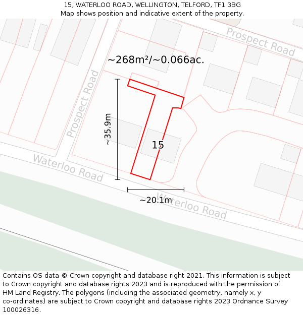 15, WATERLOO ROAD, WELLINGTON, TELFORD, TF1 3BG: Plot and title map