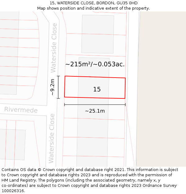 15, WATERSIDE CLOSE, BORDON, GU35 0HD: Plot and title map