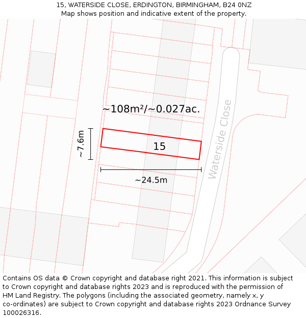 15, WATERSIDE CLOSE, ERDINGTON, BIRMINGHAM, B24 0NZ: Plot and title map