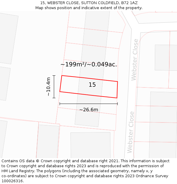 15, WEBSTER CLOSE, SUTTON COLDFIELD, B72 1AZ: Plot and title map