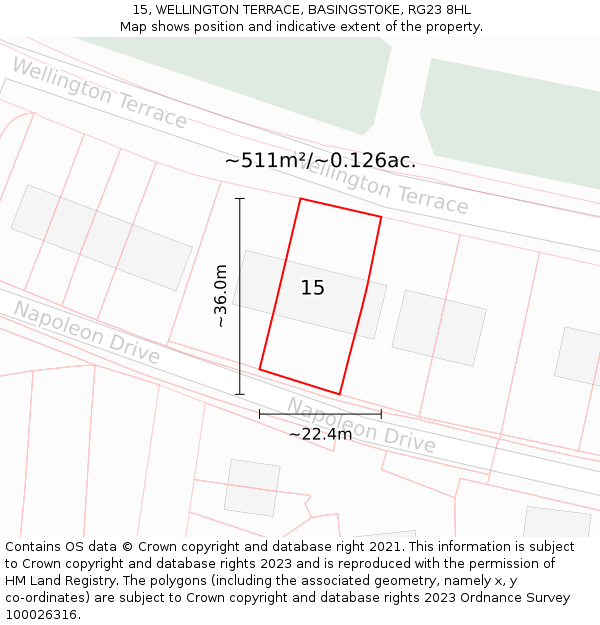 15, WELLINGTON TERRACE, BASINGSTOKE, RG23 8HL: Plot and title map
