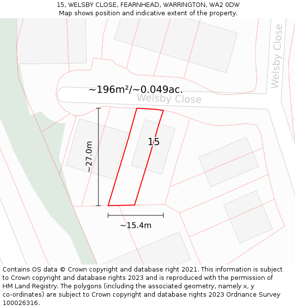 15, WELSBY CLOSE, FEARNHEAD, WARRINGTON, WA2 0DW: Plot and title map