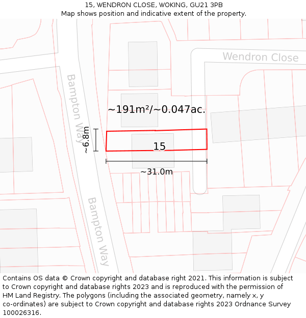 15, WENDRON CLOSE, WOKING, GU21 3PB: Plot and title map