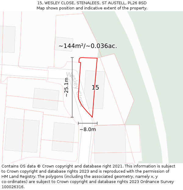 15, WESLEY CLOSE, STENALEES, ST AUSTELL, PL26 8SD: Plot and title map