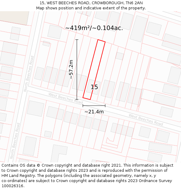 15, WEST BEECHES ROAD, CROWBOROUGH, TN6 2AN: Plot and title map