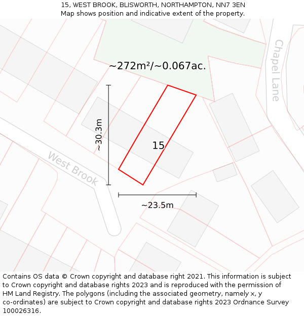 15, WEST BROOK, BLISWORTH, NORTHAMPTON, NN7 3EN: Plot and title map