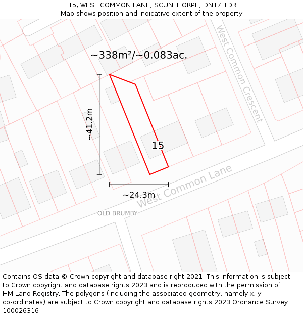 15, WEST COMMON LANE, SCUNTHORPE, DN17 1DR: Plot and title map