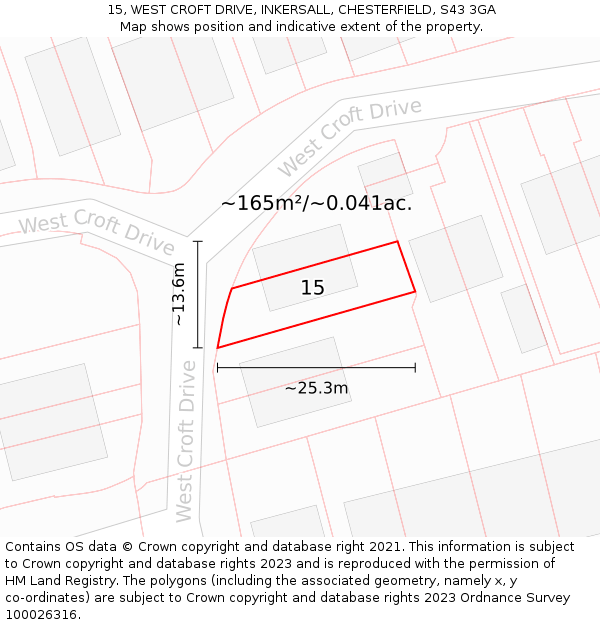 15, WEST CROFT DRIVE, INKERSALL, CHESTERFIELD, S43 3GA: Plot and title map