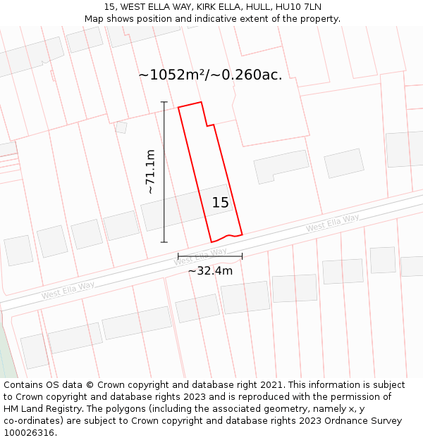 15, WEST ELLA WAY, KIRK ELLA, HULL, HU10 7LN: Plot and title map