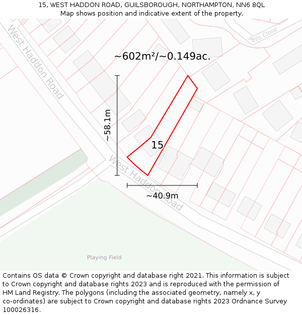 15, WEST HADDON ROAD, GUILSBOROUGH, NORTHAMPTON, NN6 8QL: Plot and title map