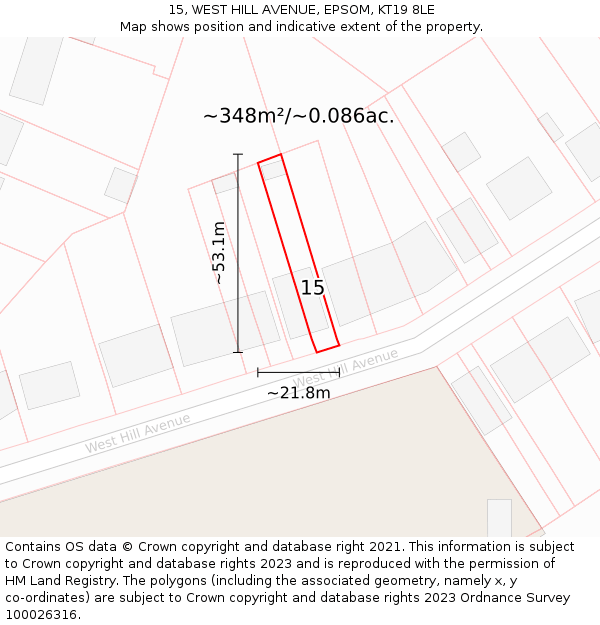 15, WEST HILL AVENUE, EPSOM, KT19 8LE: Plot and title map