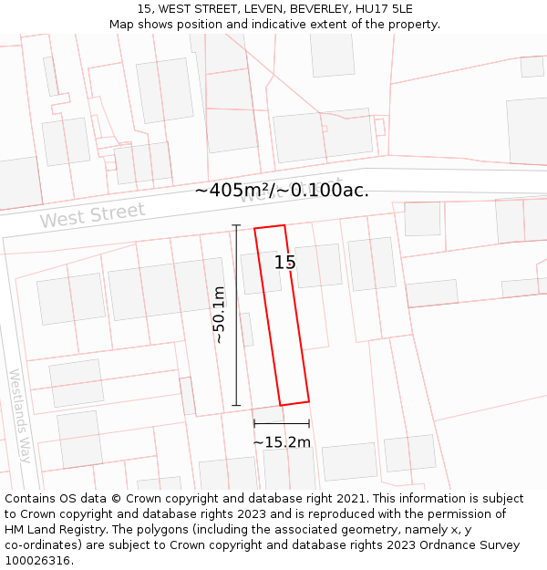 15, WEST STREET, LEVEN, BEVERLEY, HU17 5LE: Plot and title map