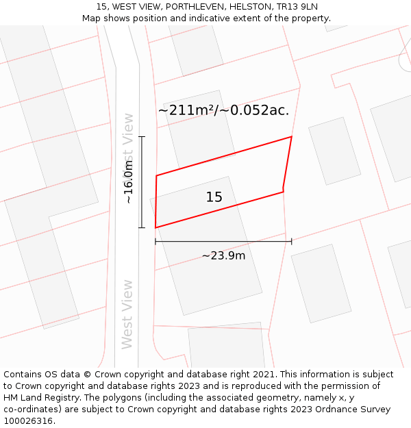 15, WEST VIEW, PORTHLEVEN, HELSTON, TR13 9LN: Plot and title map