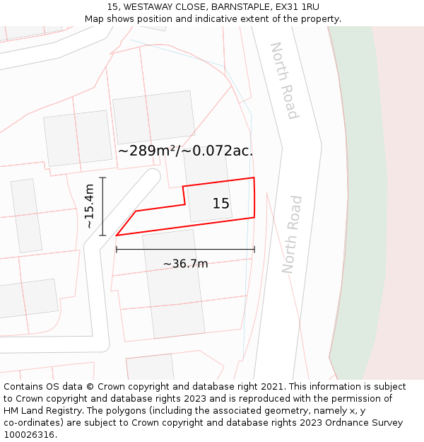 15, WESTAWAY CLOSE, BARNSTAPLE, EX31 1RU: Plot and title map