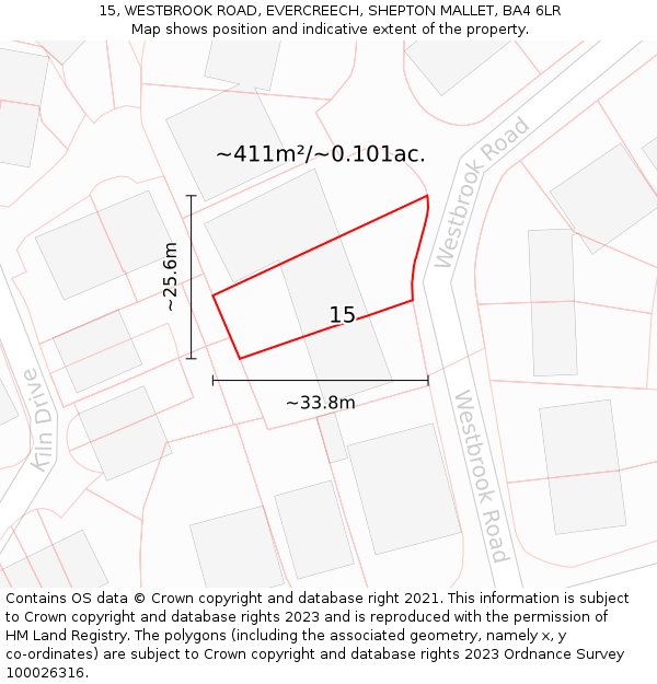 15, WESTBROOK ROAD, EVERCREECH, SHEPTON MALLET, BA4 6LR: Plot and title map