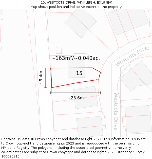15, WESTCOTS DRIVE, WINKLEIGH, EX19 8JW: Plot and title map